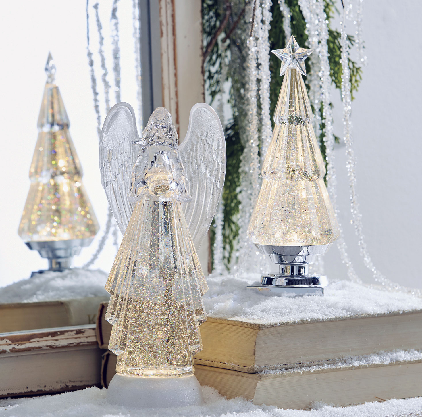 13 Inch Lighted Angel With Silver Swirling Glitter Water Lantern Timer