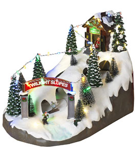 Animated Musical Ski Resort With Moving Skiers 14.5 Inch