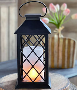 Battery Operated Fire Flame Black Flameless Lantern - 5 Hour Timer