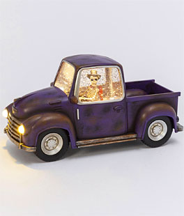 Lighted Purple Truck Water Lantern With A Skeleton In Swirling Glitter