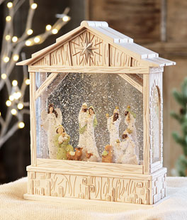 Nativity Musical Lighted Water Creche Antique White 10 Inch In Swirling Glitter