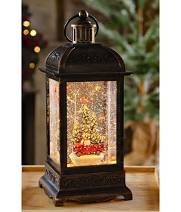 Red Truck Lighted Antique Bronze Snow Globe With Swirling Glitter - Timer