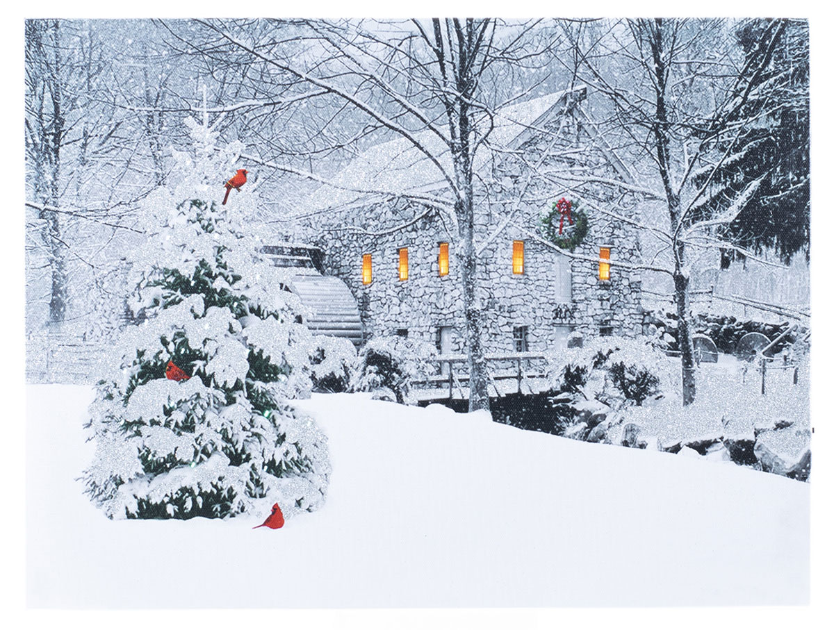RAZ Imports~24" Lighted Winter Wonderland Church Print~Christmas~Canvas/Cardinal 