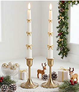 8.75" Gold Embossed Bow White Taper Candles - Set of 2 - NEW 2026