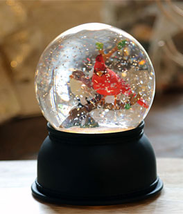 red truck with tree lighted snow globe with swirling lighted snow globe