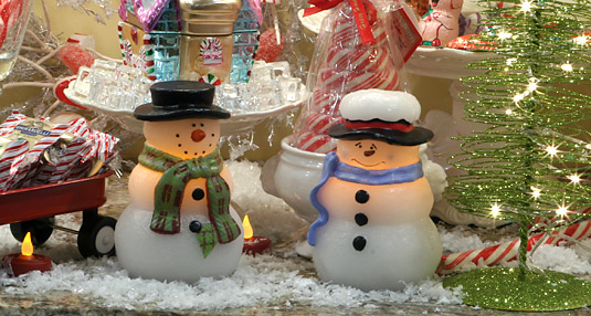 Decorate with battery snowman and red tea lights