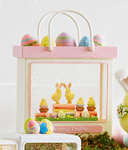 Lighted Easter Shopping Bag With Chicks and Egg Figurines In Swirling Glitter