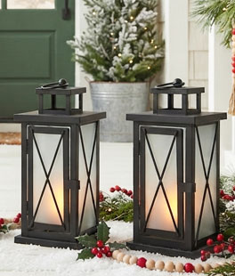 Set of 2 LED Fire Flame Metal and Glass Lanterns 