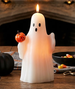 10" Ghost with Pumpkin Flameless Wax Candle - Timer - NEW 2026