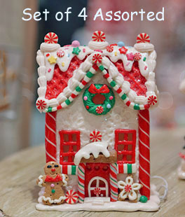 Battery Operated Lighted Clay Dough Gingerbread Houses Set of 4 Assorted