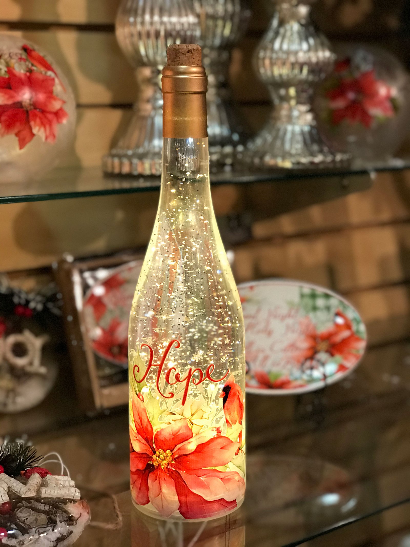 Lighted Wine Bottle With Swirling Glitter Hope Poinsettia Design With