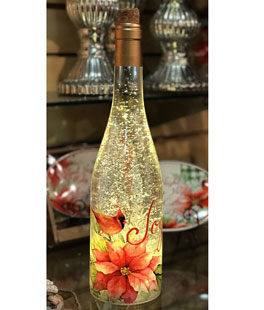 Lighted Wine Bottle With Swirling Glitter Joy Poinsettia Design With Cardinals Snow Globe