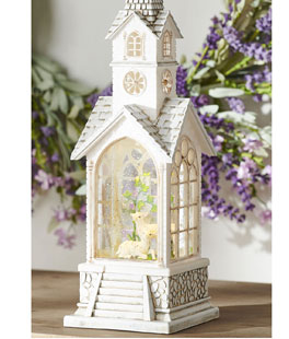 Easter Lamb Lighted Water Church In Swirling Glitter - 15.25 Inch