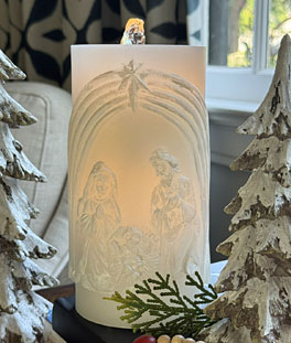 Fountain Candle - White Wax With Nativity Design - Remote Control - NEW 2026
