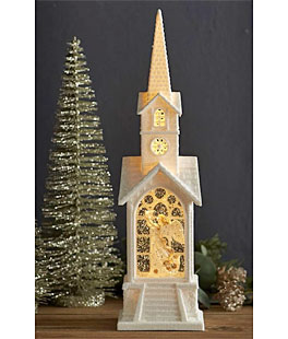 Angel Lighted Water Church In Swirling Glitter - 16.25 Inch