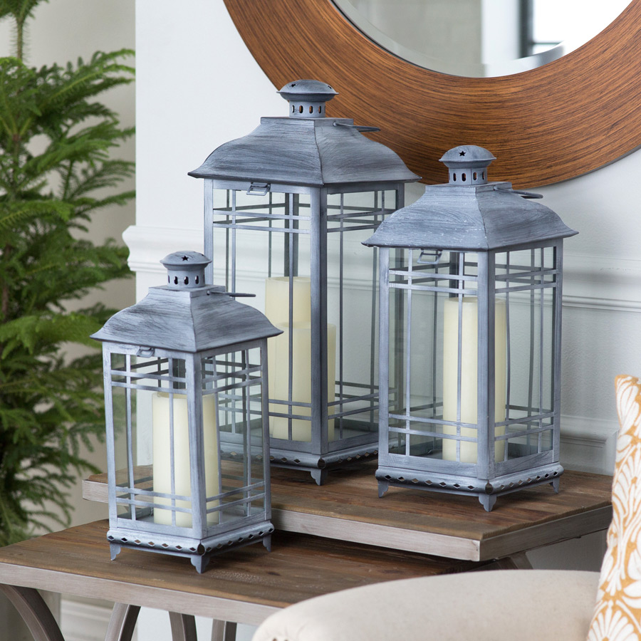 Set of 3 Mission Style Antique Grey Candle Lanterns - 14-17-20 Inch