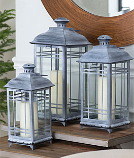 Set of 3 Mission Style Antique Grey Candle Lanterns - 14-17-20 Inch