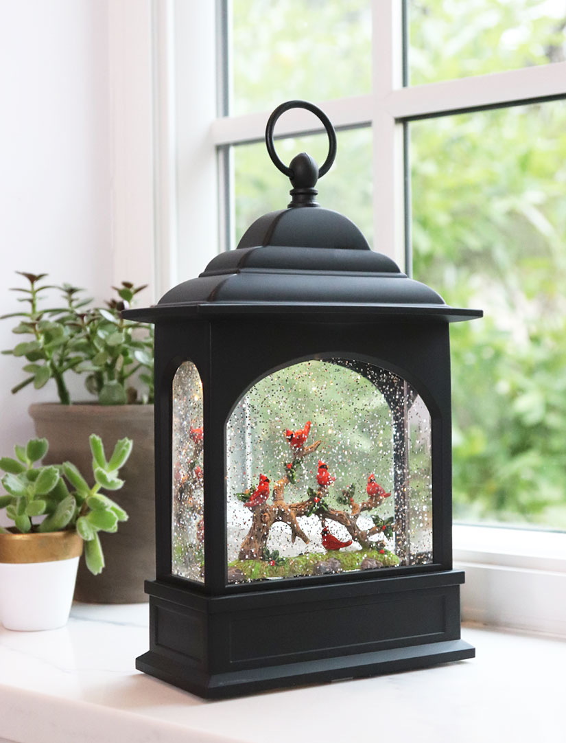11 Inch Cardinal Glitter Lighted Water Lantern With USB and Timer - New