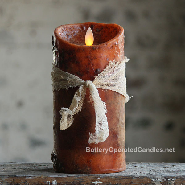 Moving Flame Primitive Rustic Orange Candle Battery Operated 3.5 x 7