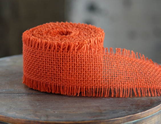 Fringe Edge Orange Burlap Jute Ribbon - 2.5 Inch x 10 Yards