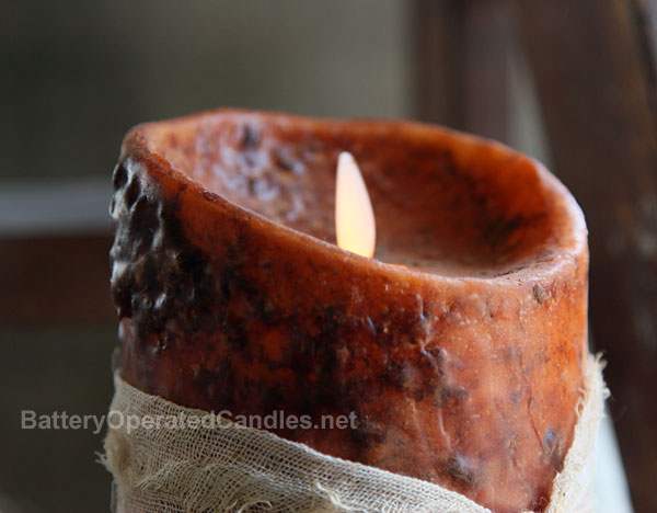Battery Operated Pillar Candle Grubby Burnt Orange Timer Primitive Decor 4x2" 