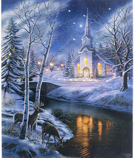 Stand alone or hung Small Festive Christmas Light up LED Canvas/snowy church