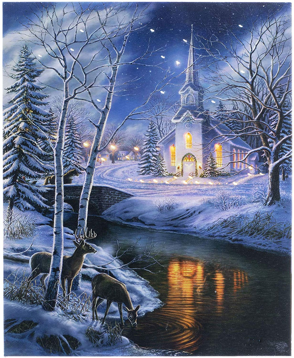 Christmas LED Canvas Wall Decor Snowy Lantern Lighted Cardinal Meeting Timer 