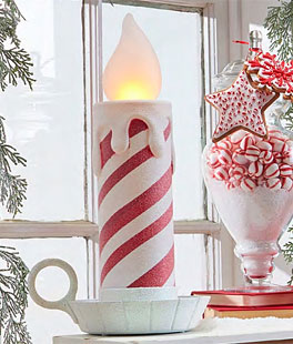 17.5 Inch Large Flickering Flame Peppermint Stripe Frosted Candle
