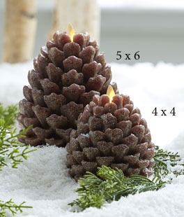 4 x 4 Moving Flame Frosted Brown Pinecone Candle - NEW 2023