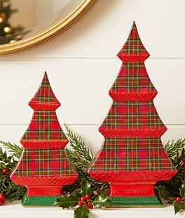 12 Inch Red Plaid Chinoiserie Trees Set of 2 - From RAZ Imports NEW 2026