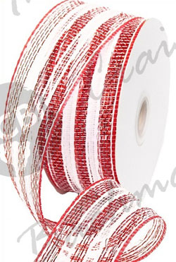 Deco Poly Mesh Ribbon - Metallic Red and White Striped 2.5 Inch