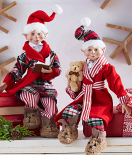 Set of 2 Assorted 16 Inch Red and Plaid Ready For Bed Posable Elf Christmas Figures