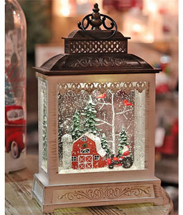 11 Inch Red Barn In The Woods Lighted Water Lantern - Optional Music Setting
