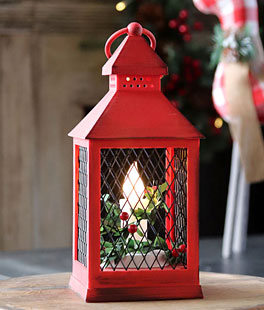 Holiday Brushed Red Candle Lantern With Berries and Holly - 9.25 Inch - 8 Hr Timer