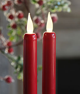 Battery Operated Red Taper Candle 2 Pack - 9 Inch Warm White Flame Timer
