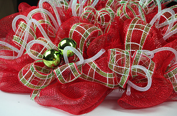 Deco Poly Mesh Ribbon - Metallic Red and White Striped 2.5 Inch Wide