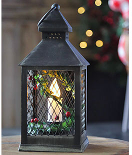 Holiday Brushed Black Candle Lantern With Berries and Holly - 9.25 Inch - 8 Hr Timer