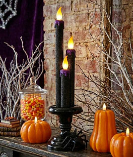 14.5 Inch LED Black Glitter Lighted Halloween Three Candelabra With Spider 