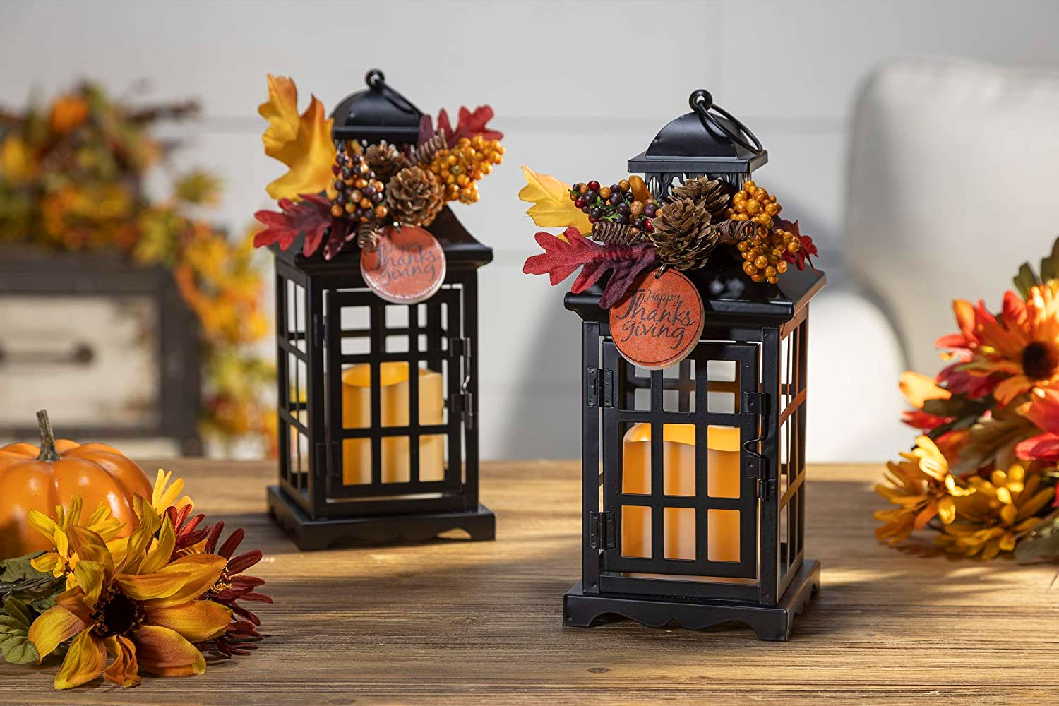 Set of 2 Battery Operated Lighted Fall Metal Lanterns with Floral Accents and Timer