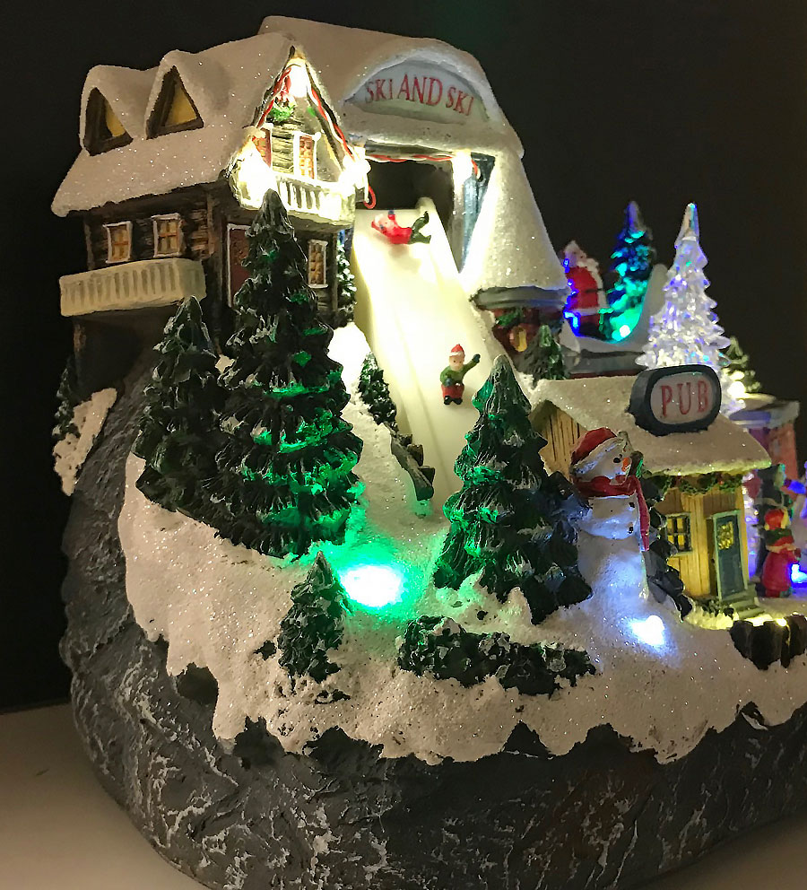 LED Lighted Christmas Snow Village Musical Holiday Ski Resort Moving Figurine 