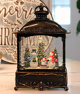 11 Inch Decorative Bronze Water Lantern With Snow Family Sledding In Swirling Glitter