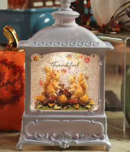 Squirrels and Acorns Lighted Fall Water Lantern With Swirling Glitter