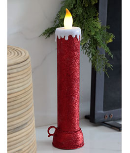 18 Inch Battery Operated Red Glitter Pillar  With Fireglow Flame Effect - NEW 2023