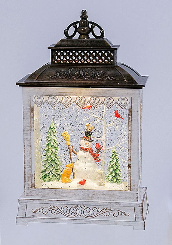 11 Inch Lighted Spinning Water Lanterns - Snowman In The Woods - Optional Music Setting