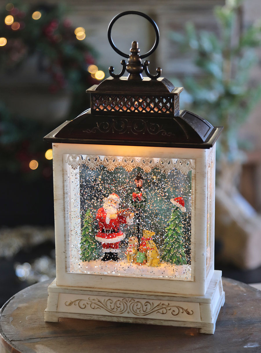9.8 Inch Battery Operated or USB Powered pearlstar Santa Claus Lighted Up Lantern Vintage Swirling Glitter Snow Globe Water Lantern for Christmas Home Decoration