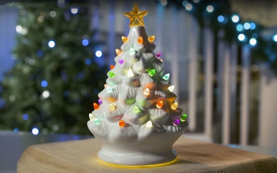 Lighted Green Ceramic Dolomite Christmas Tree - Optional Music Setting  Battery Operated