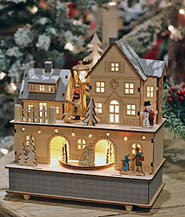 Wind Up Animated Lighted Musical Holiday Wood House Battery Operated